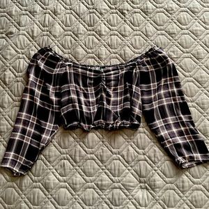 Plaid cropped off the shoulder top